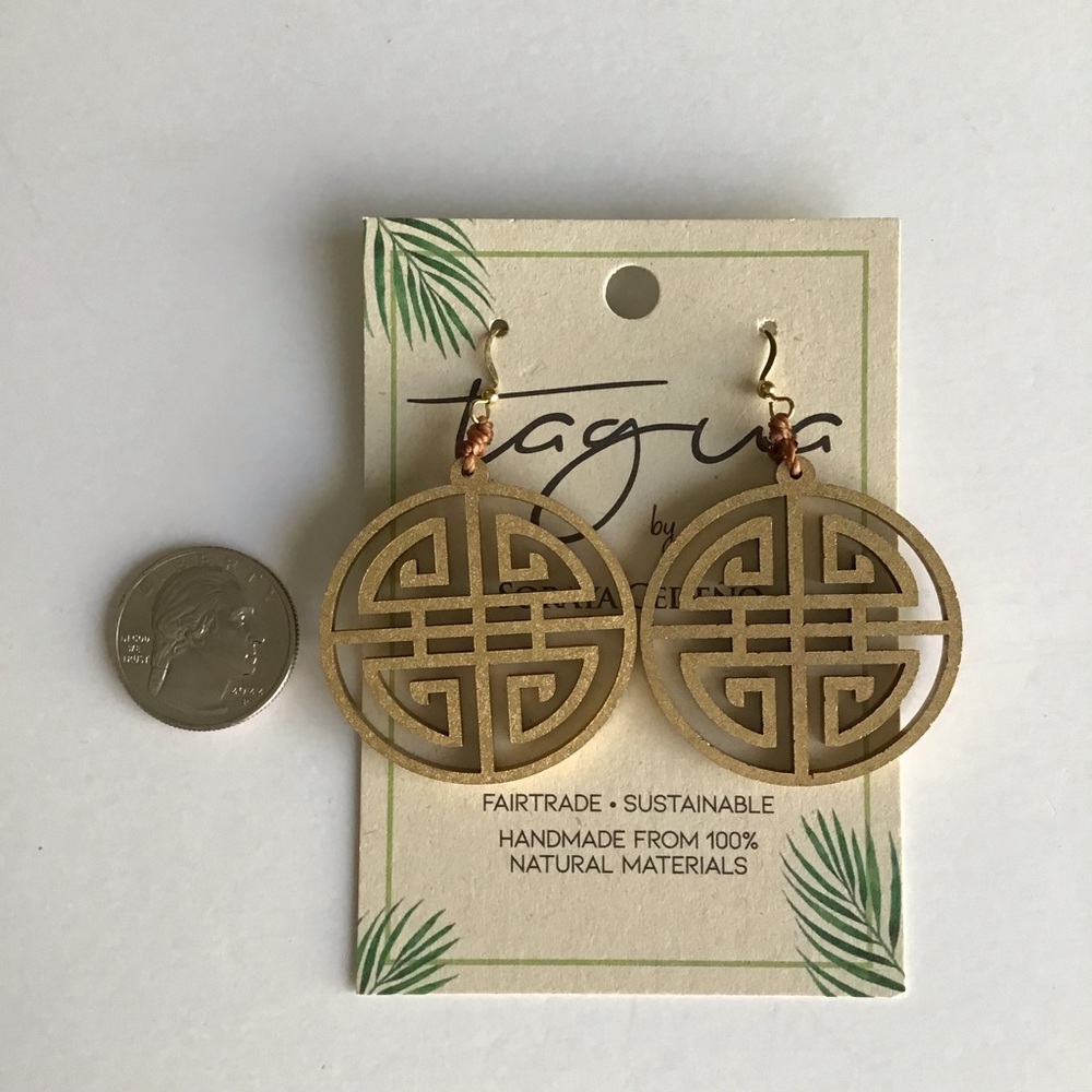 NEW Medallion Earrings Asian-Style Matte Gold Open Work Tagua Nut Lightweight - Picture 8 of 15